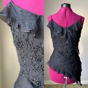 Y2K 2000s Beaded Asymmetrical Black Silk Chiffon Top
